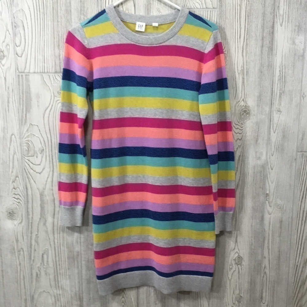 Gap Kids Girls XXL Rainbow Striped Sweater Dress Colorful Knit Long Sleeve